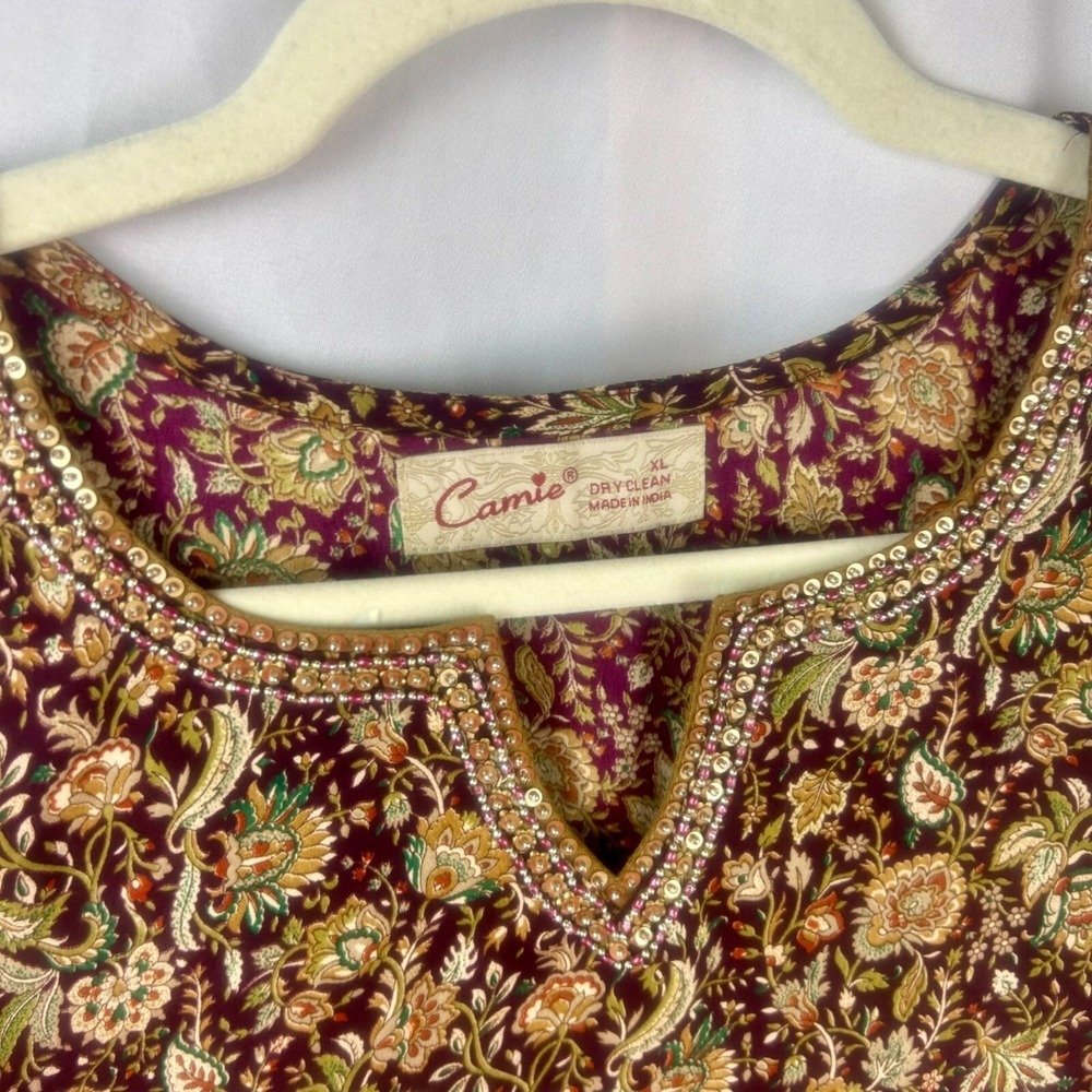 NEW Camie Floral Silk Tunic Blouse Women XL Red Tan Beaded Made in India Paisley - Picture 4 of 8